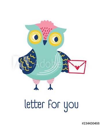 Funny owl holding envelope, mail or message and phrase Letter For You
