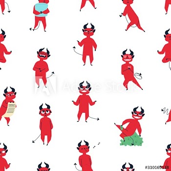 Funny red devil flat vector seamless pattern