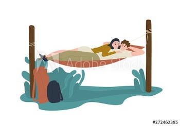 Funny young man and woman lying together in hummock