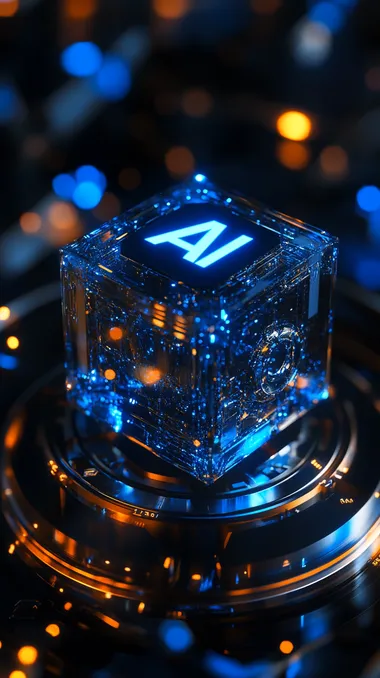 Futuristic AI Logo Glass Block with Blue Light for Modern Living Spaces