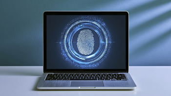 Futuristic Biometric Fingerprint Scan Interface on Laptop