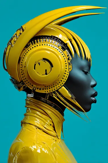 Futuristic Black Woman Portrait with Chrome Yellow Cybernetic Headgear Futuristic Black Woman Portrait with Chrome Yellow Cybernetic Headgear