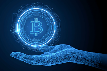 Futuristic Holographic Cryptocurrency Coin in Open Hand