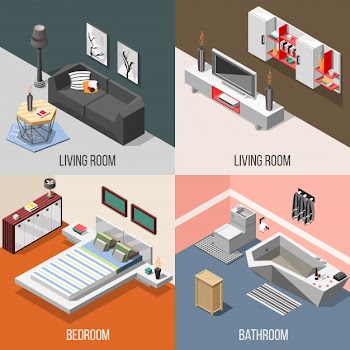 Futuristic home interior isometric composition set Free Vector