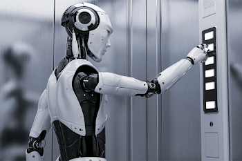 Futuristic Humanoid Robot Operating Elevator