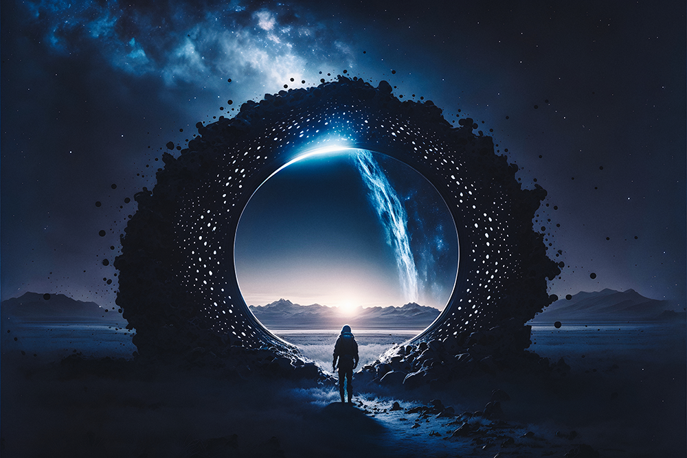 Futuristic illustration of a person travelling through the time