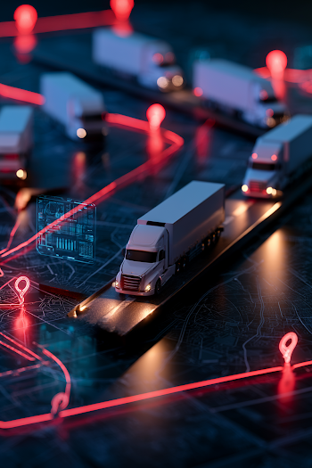 Futuristic Logistics Network Diorama with Semi Trucks