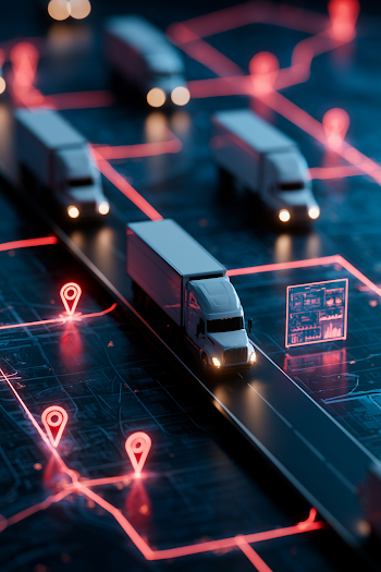 Futuristic Logistics Network Diorama with Semi Trucks