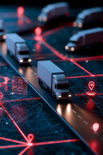 Futuristic Logistics Network Diorama with Trucks and Data Visualization