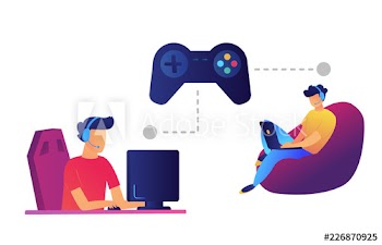 Game controller and gamers playing computer and laptop vector illustration