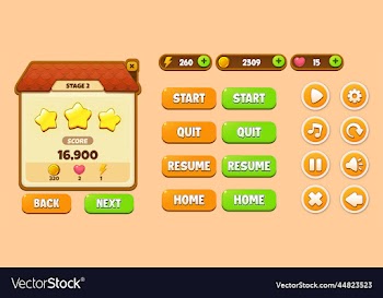 game ui kit cartoon style buttons icons and pop