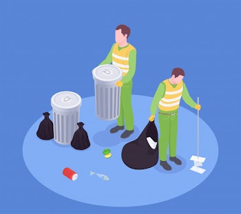 Garbage waste recycling isometric composition with faceless human characters of scavengers with rubbish bins and brush vector illustration Free Vector