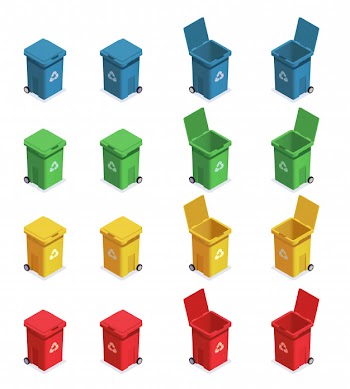 Garbage waste recycling isometric set with sixteen isolated images of rubbish bins with different colour code vector illustration Free Vector