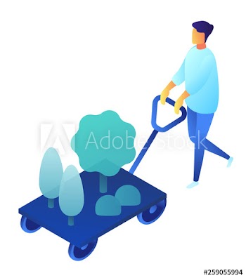 Gardener pushing cart with plants and flowers, tiny people isometric 3D illustration