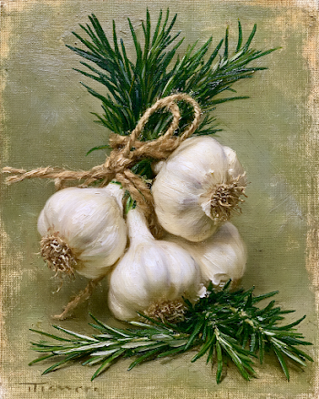 Garlic Bulbs and Rosemary on Vintage Background
