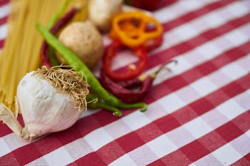 Garlic on Red and White Gingham Textile