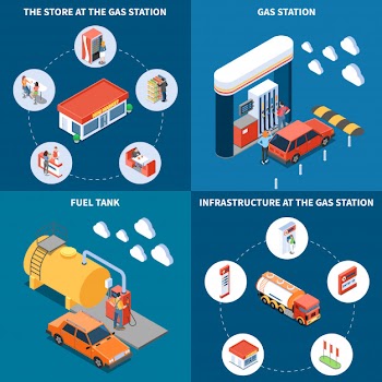 Gas station with infrastructure objects including fuel tank and store isometric design concept isolated vector illustration Free Vector