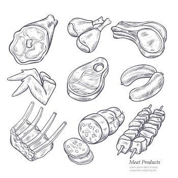 Gastronomic meat products sketches set Free Vector