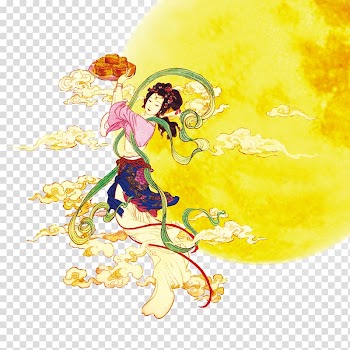 Geisha and moon illustration, Mid-Autumn Festival Chang'e Mooncake Traditional Chinese holidays Moon rabbit, Chang E transparent background PNG clipart