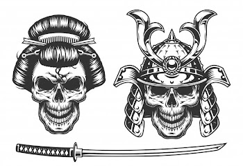 Geisha and samurai concept with skull Free Vector