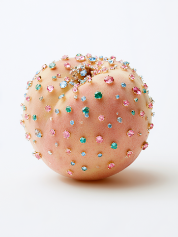 Gemstone-Adorned Peach in Studio Setting