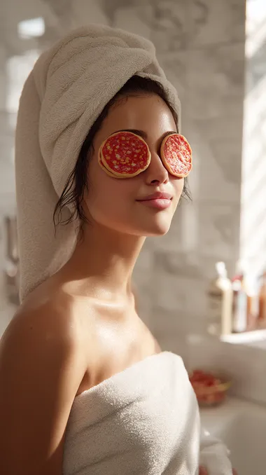 Gen Z Wellness Influencer in Modern Bathroom with Pepperoni Eye Masks Gen Z Wellness Influencer in Modern Bathroom with Pepperoni Eye Masks