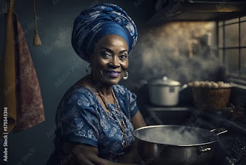 Generative AI. A happy middle-aged woman cooking in her kitchen
