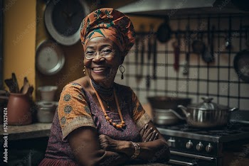 Generative AI. A happy woman in her kitchen