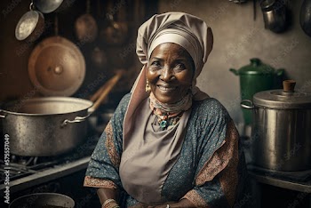 Generative AI. A senior African woman in hijab sitting