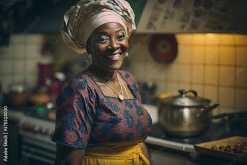 Generative AI. A smiling female in her kitchen