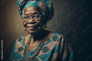 Generative AI. Elder yoruba woman wearing adire