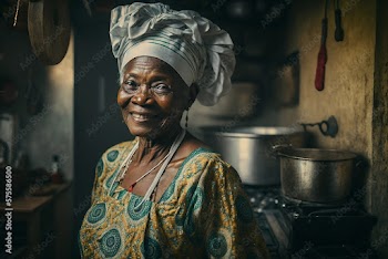 Generative AI. Elderly woman smiling in the kitchen