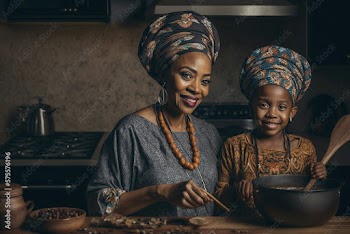 Generative AI. Igbo mother and child in the kitchen