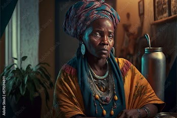Generative AI. Nigerian woman sitting next to her plant