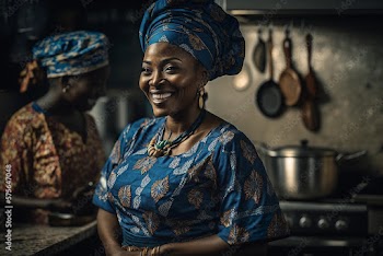 Generative AI. yoruba woman smiling in the kitchen