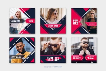 Geometric instagram posts template with photos Free Vector