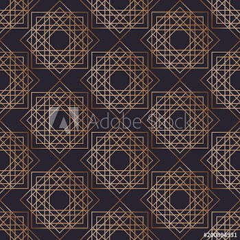Geometric seamless pattern with squares drawn with golden contour lines on black background