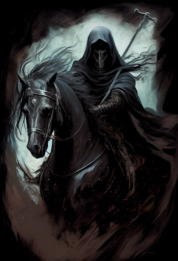 Ghostly figure dressed in black robes riding fearsome black horse