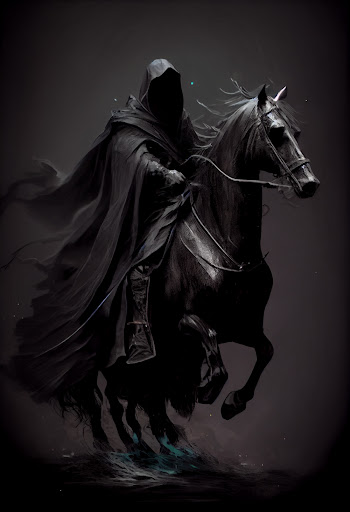 Ghostly figure dressed in black robes riding fearsome black horse