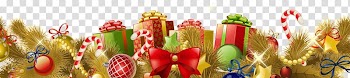 Gift boxes illustration, Beautiful Christmas Footer Gifts Balls Gold transparent background PNG clipart