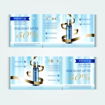 Gift voucher hydrating facial cream for annual sale or festival sale. blue and gold cream mask bottle isolated on glitter particles background. Banner graceful cosmetic ads, illustration.