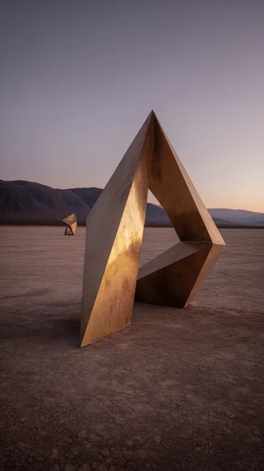 Gigantic Gold Art Installation in Desert Landscape Gigantic Gold Art Installation in Desert Landscape
