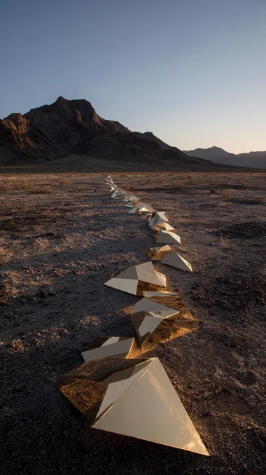Gigantic Golden Art Installation in Mountain Desert at Dawn Gigantic Golden Art Installation in Mountain Desert at Dawn
