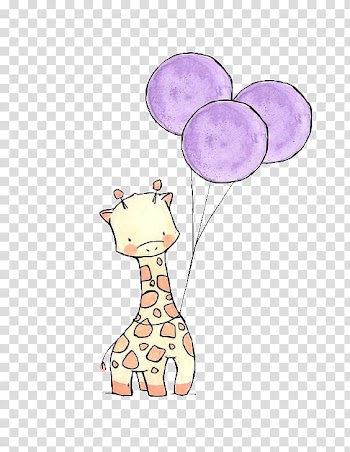 Giraffe holding three purple balloons , Giraffe Drawing Cuteness Cartoon Sketch, giraffe transparent background PNG clipart