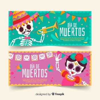 Girl and boy skeletons día de muertos banners Free Vector