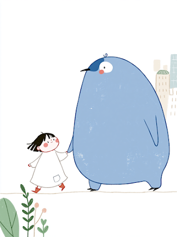 Girl and Cute Penguin Walking in the City