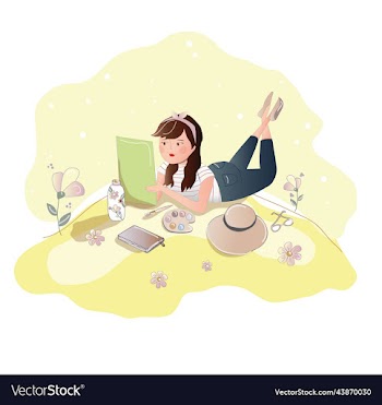 girl artist lies in a clearing