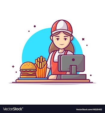 girl cashier with fast food cartoon