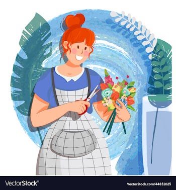 girl florist collects a bouquet of flowers