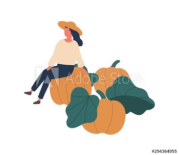Girl gathering pumpkins flat vector illustration